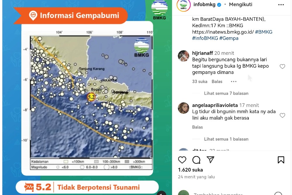 Gempa Magnitudo 5,2 Guncang Bayah Banten, Tidak Berpotensi Tsunami